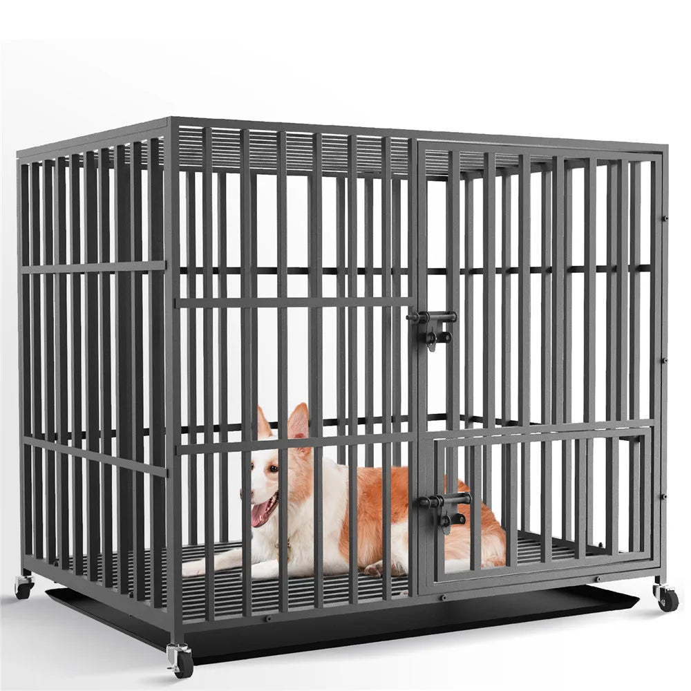BINGOPAW Heavy Duty Metal Dog Cage With Three Doors Wheels
