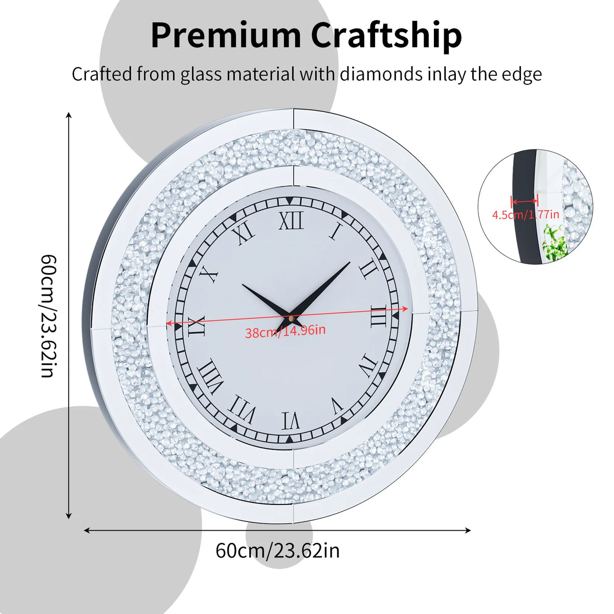 Crystal Twinkle Diamond Mirror Wall Clock With Speaker