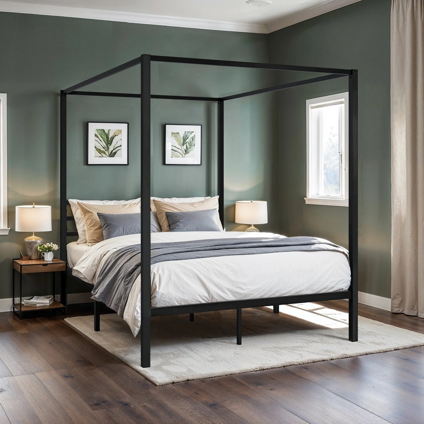 HOOMIC 4-Poster Metal Canopy Bed Frame with Built-In Headboard