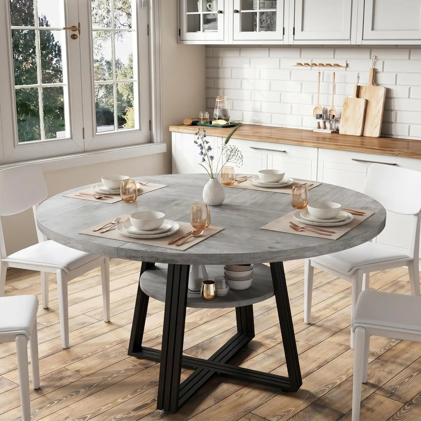 HobbyLane Farmhouse Round Dining Table With Open Storage Shelf