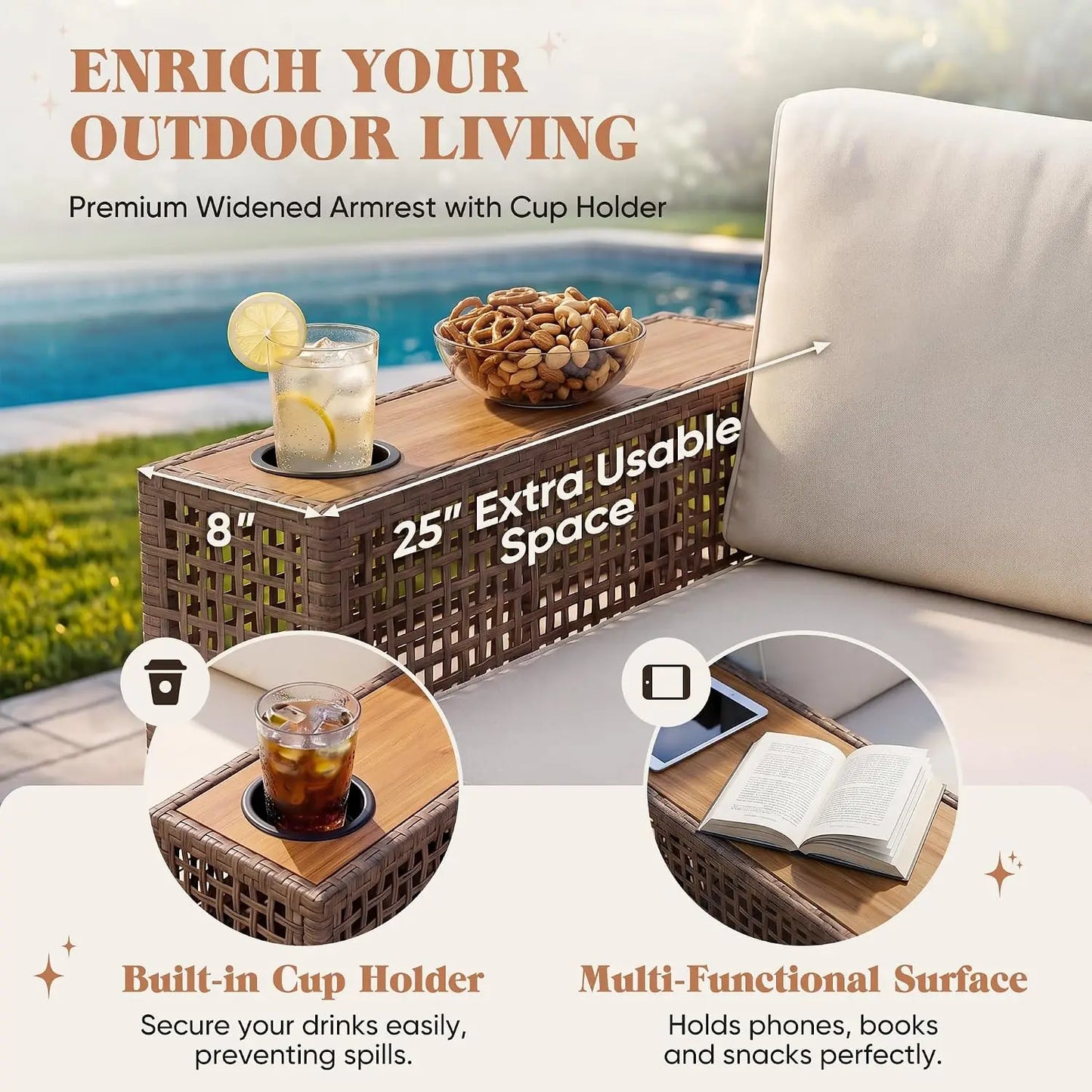 Outdoor Rattan Patio Sectional Sofa With Glass Coffee Table