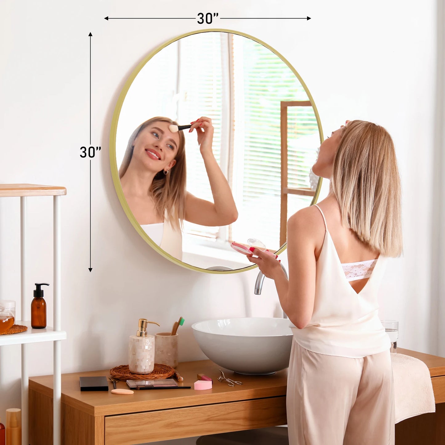 JHK Gold Round Vanity Mirror, Framed Wall Mount, Tempered Glass