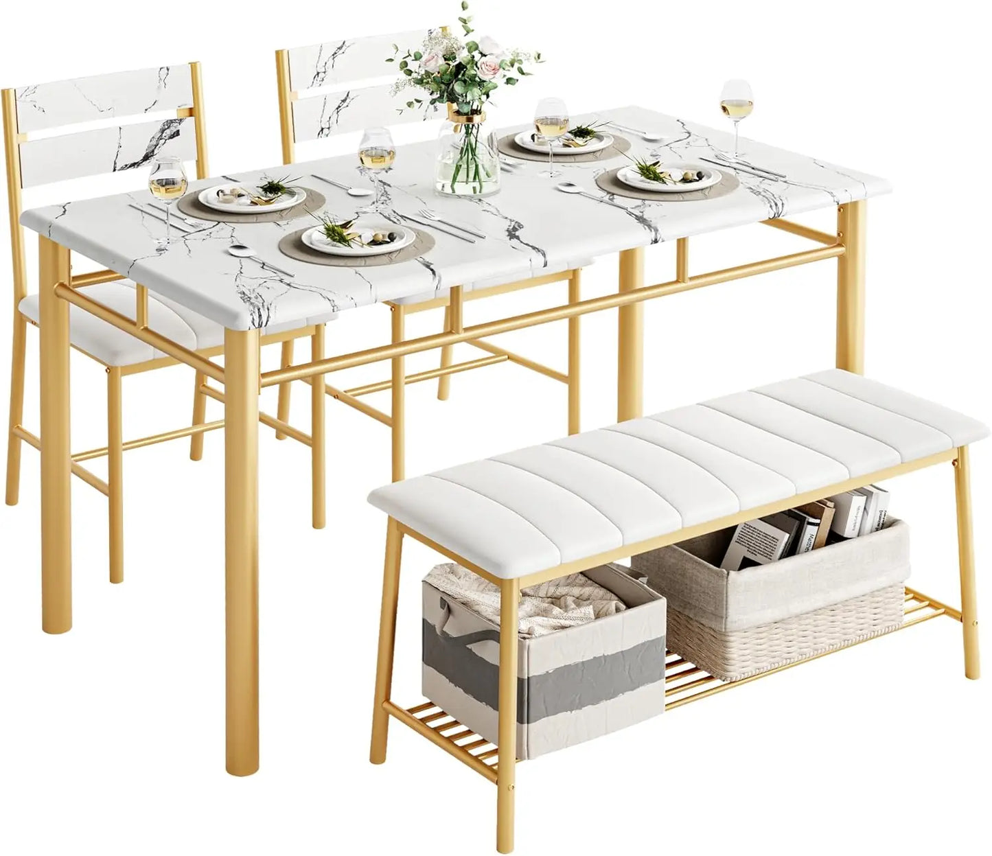 IRONCK Dining Table Set With Upholstered Bench And Two Chairs