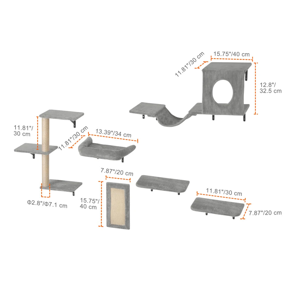 Wall Mounted Cat Shelves Set of 6, Cat Wall Furniture with 2 Jumping Boards, Hammock, Sofa, Cat Tree and Cat Grip, Cat Climbing Shelves and Perches for Sleeping, Playing and Scratching, Supports Cats up to 40 lbs