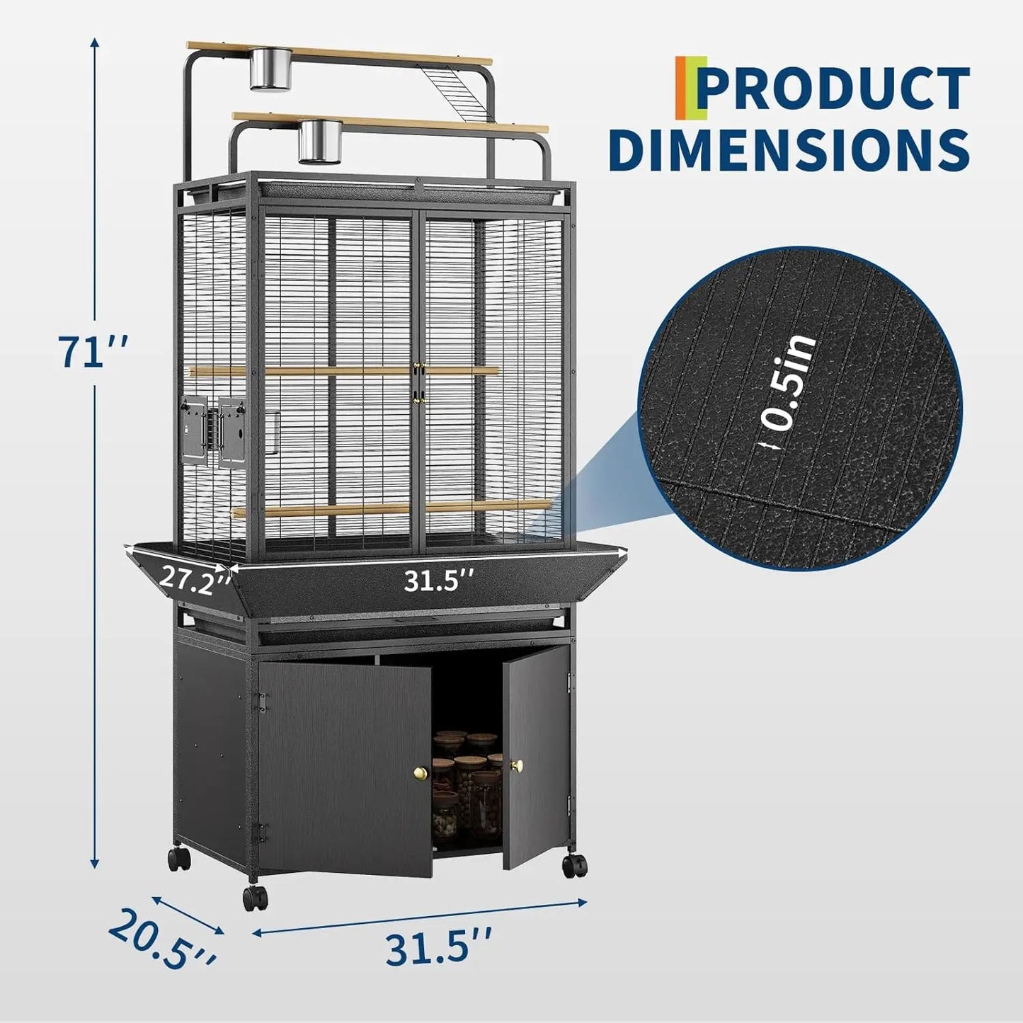 HiMISS Large Rolling Bird Cage With Play Top Cabinet