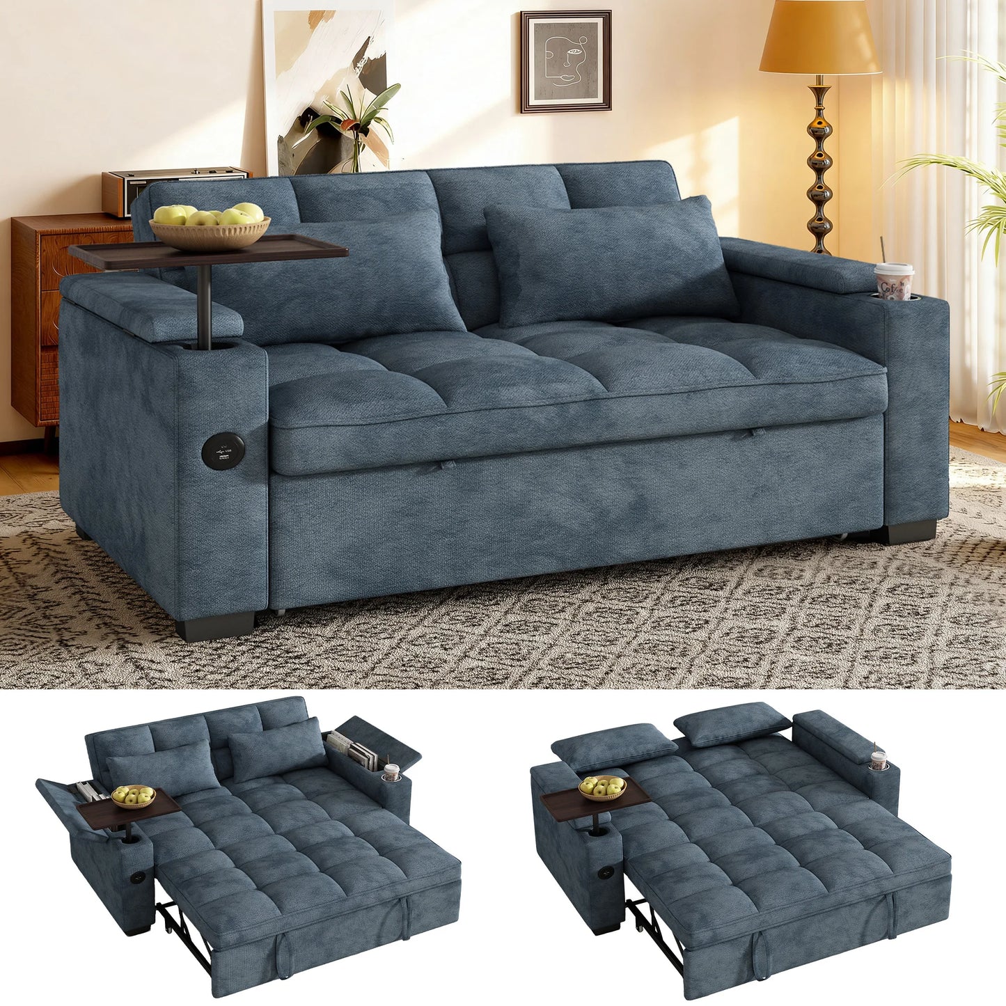 Convertible Folding Sofa Bed With Corduroy Fabric And USB Charging
