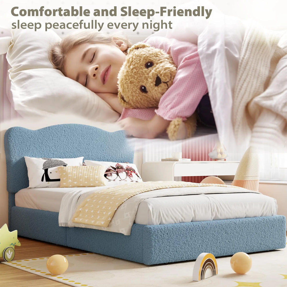 GAOMON Upholstered Platform Bed Frame for Kids - Full and Twin Size Options with 2 Storage Drawers - Velvet Headboard, Sturdy Wooden Slats, Low Profile, Noise-Free, No Box Spring Needed - Ideal for Bedroom or Dorm