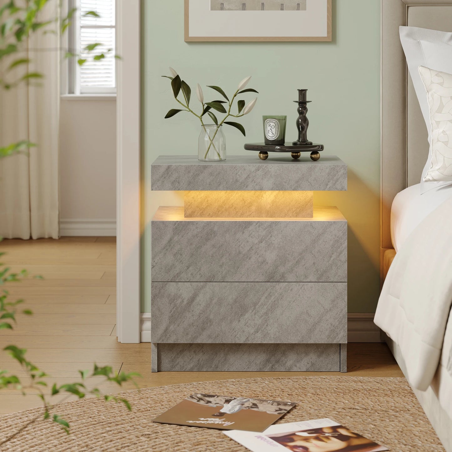 Cubehom White LED Nightstand With 2 Drawers And RGB Lights