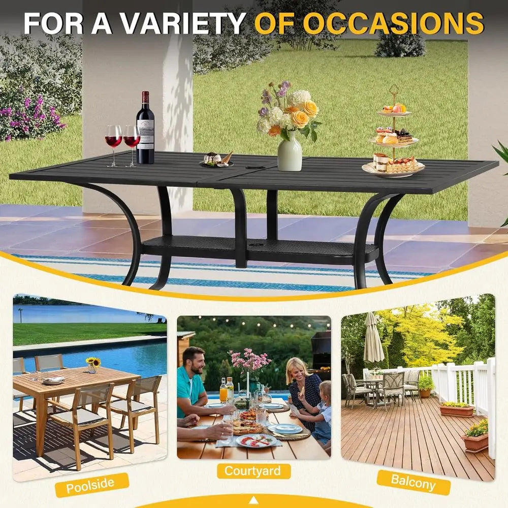 60"x36" Patio Dining Table, Outdoor Metal Recular Table Patio urniture Classic Black Table with 1.57" Umbrella Hole, or Garden B