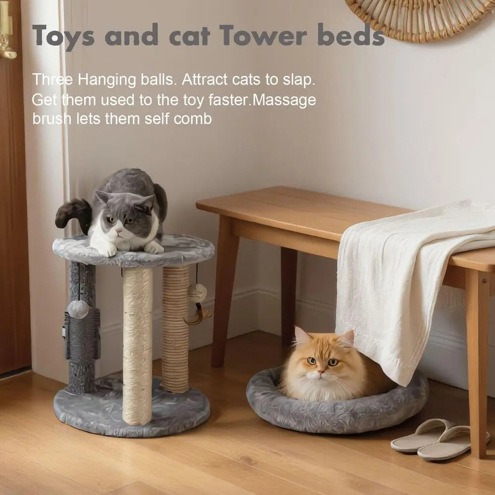 4in1 Small Cat Tree, Scratching Post with Tower Sot Bed, Sisal Carpet Jute Posts, Three Hanging Ball Toys and Massage Brush for