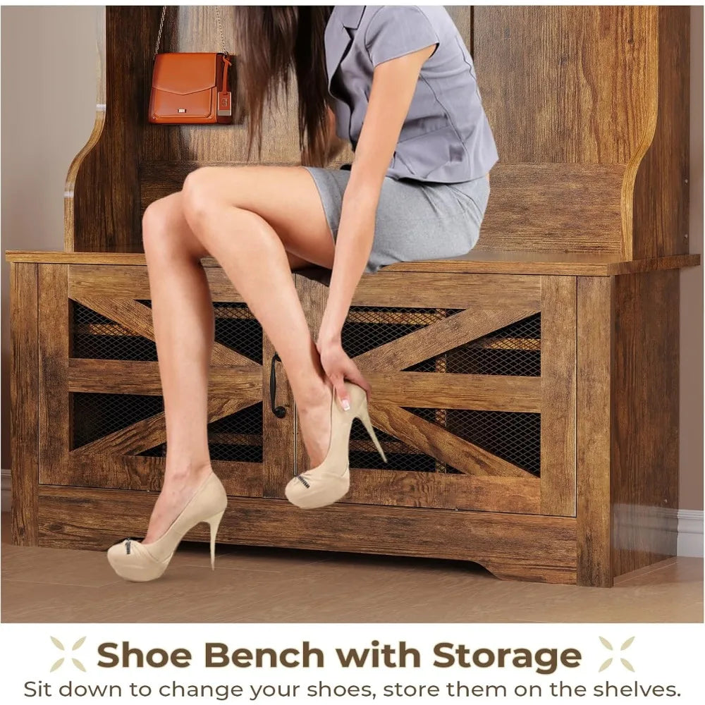 Bench and Shoe Storage, 5-in-1 Entryway Bench with Coat Rack, 10 Shoe Cubbies & 9 Coat Hooks, Barn Door & A