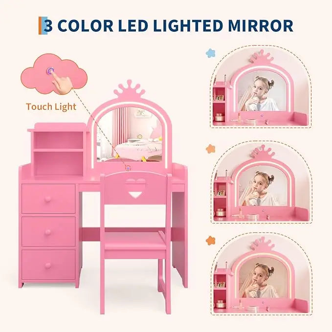 HiMISS Kids Vanity Set With Lights Princess Desk And Chair