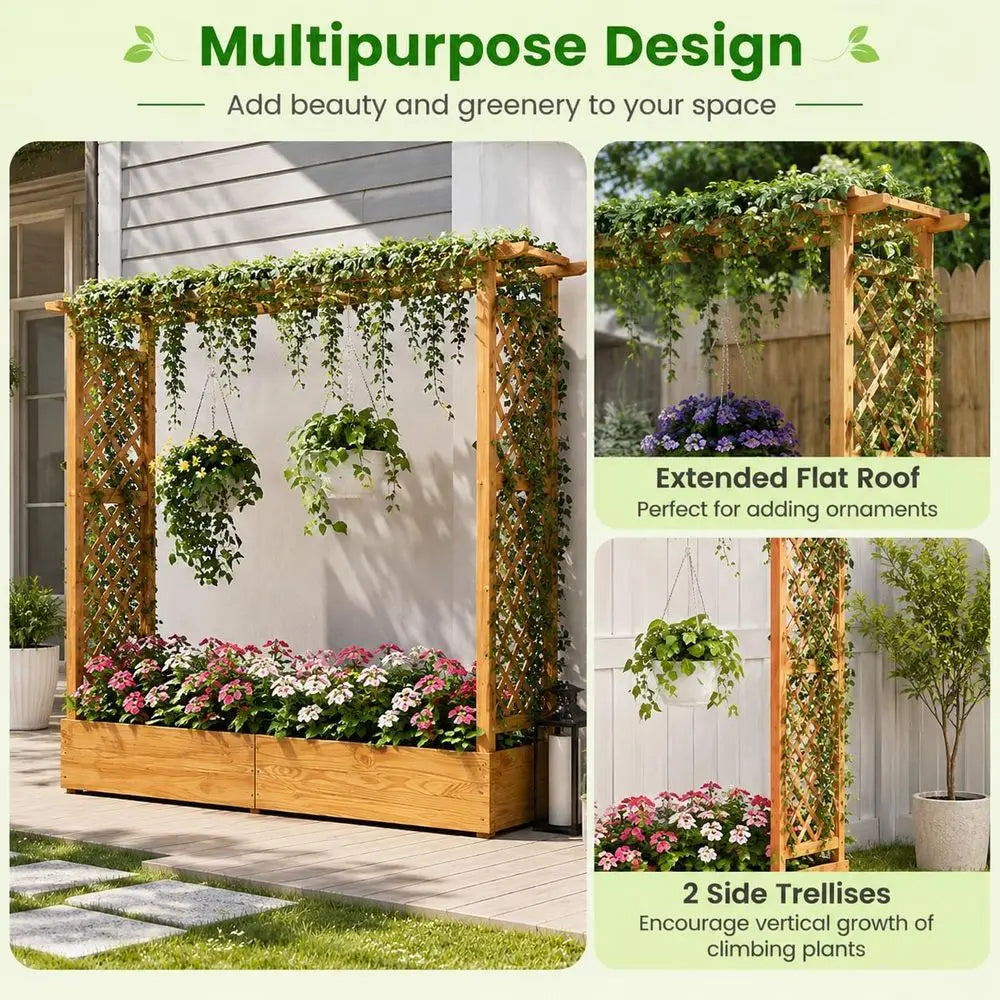 77 Tall Wooden Elevated Planter with Trellis, Hanging Baskets, and Drainage for Patio Gardening