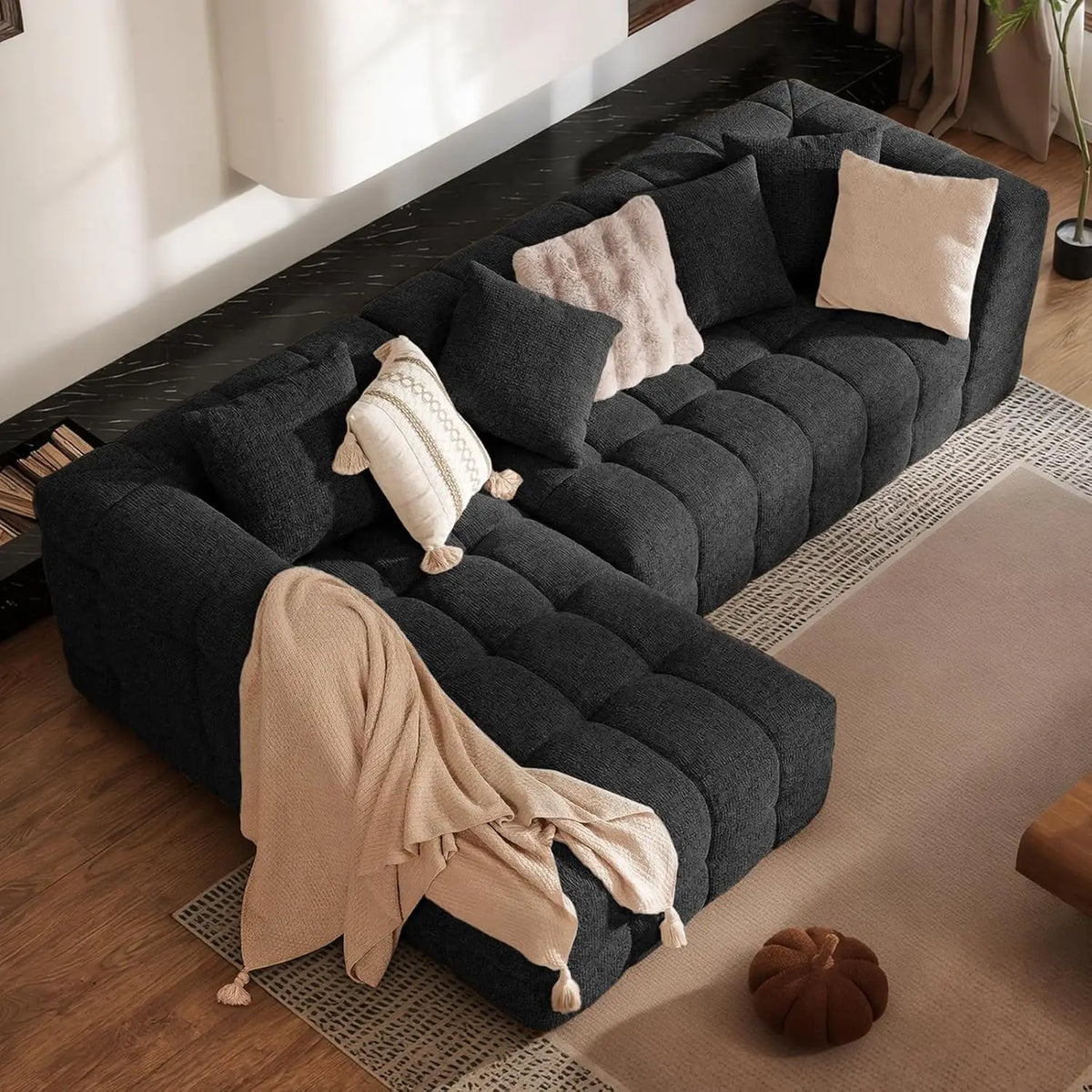 Modern Chenille L Shaped Tufted Sectional Sofa With Boneless Design