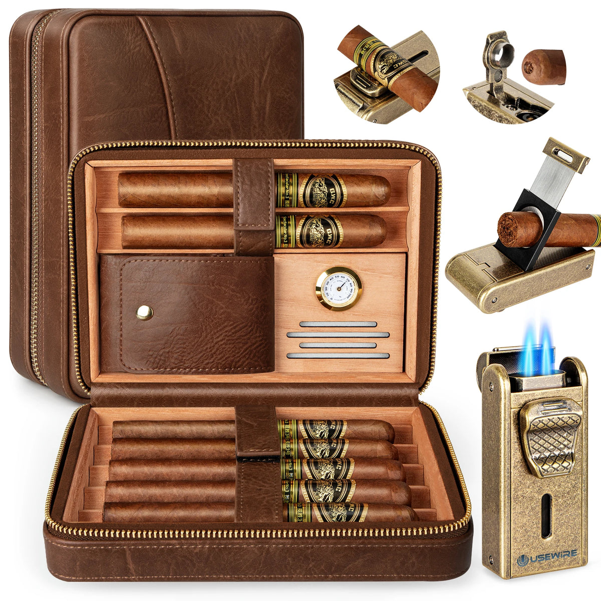 UseWire Leather Cigar Humidor With Lighter Cutter And Humidifier