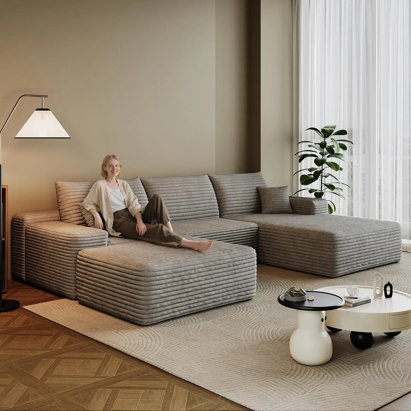Sectional Sofa Modern Modular U Shape Corduroy Couch Living Room