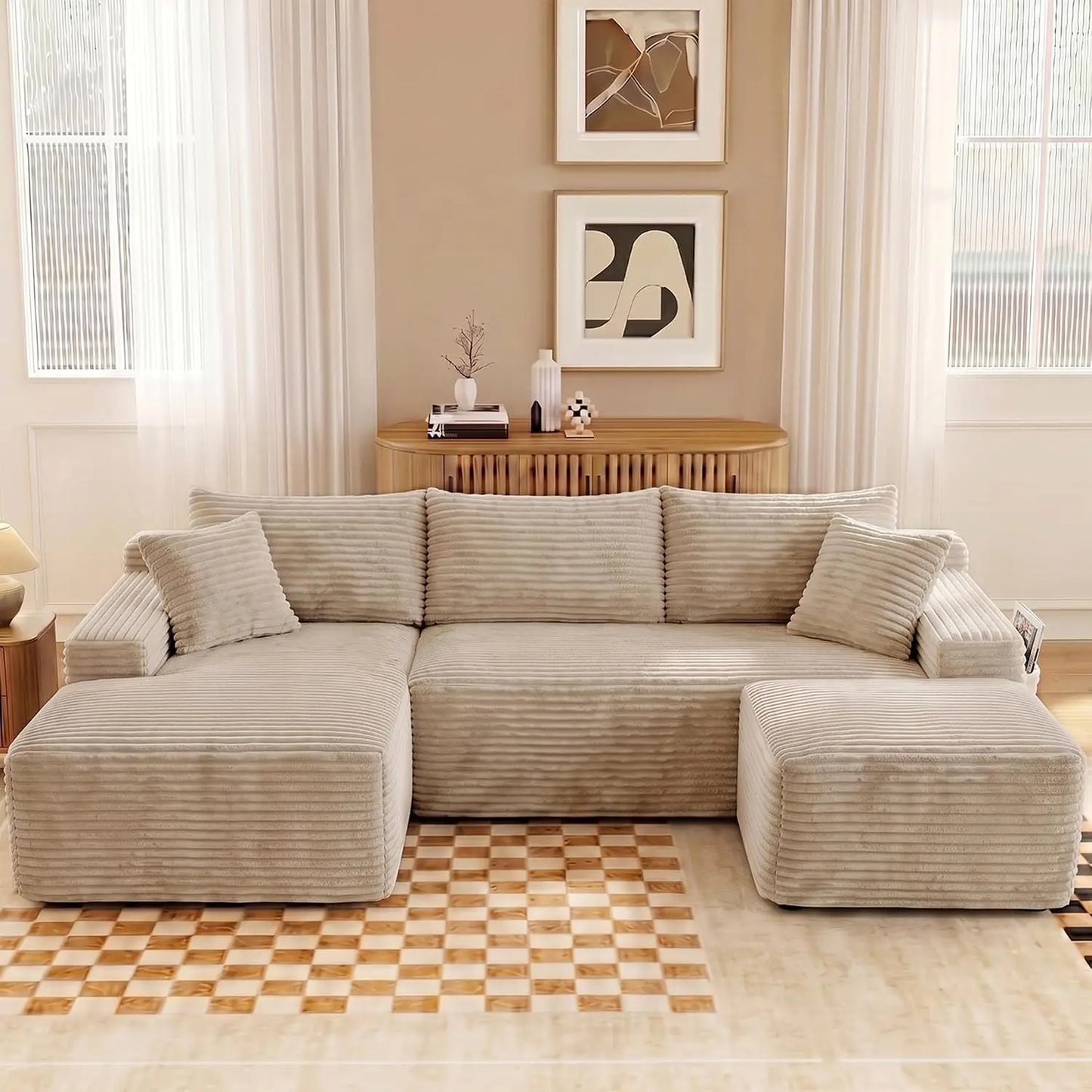 Modular Corduroy Sectional Sofa With Ottoman And Sleeper Design