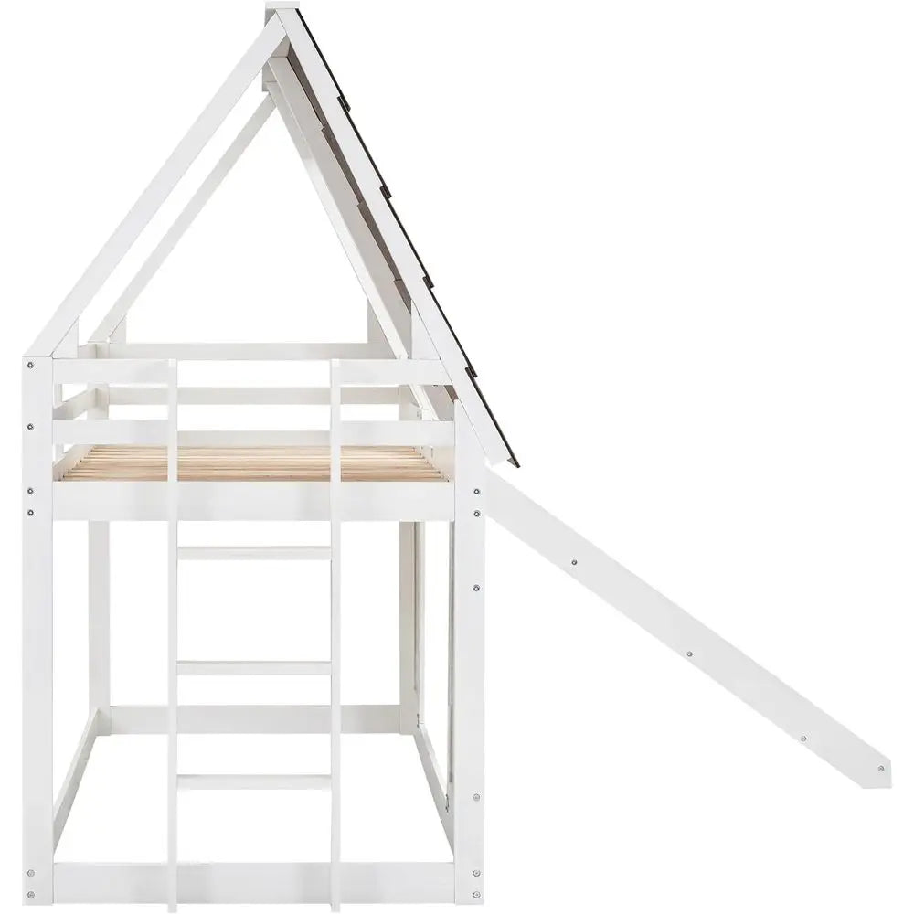 Over Twin Bunk Bed with Room, Window, Ladder, Slide - Suitable for Boys and Girls, White & Brown