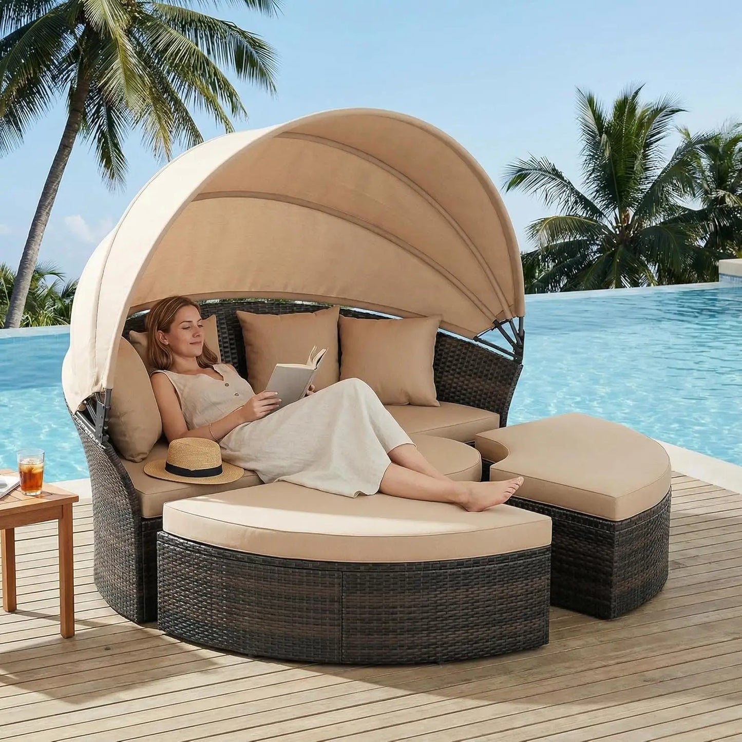 Patio Daybed With Retractable Canopy Wicker Rattan Set