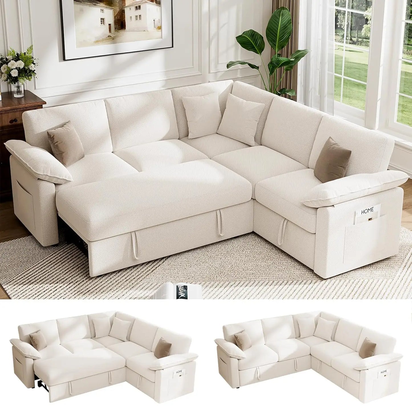 85" Modular Sectional Sofa with Pull Out Bed, L Shaped Couch with Storage, 5-Seater Sleeper Sofa, Sectional Couches, Customized
