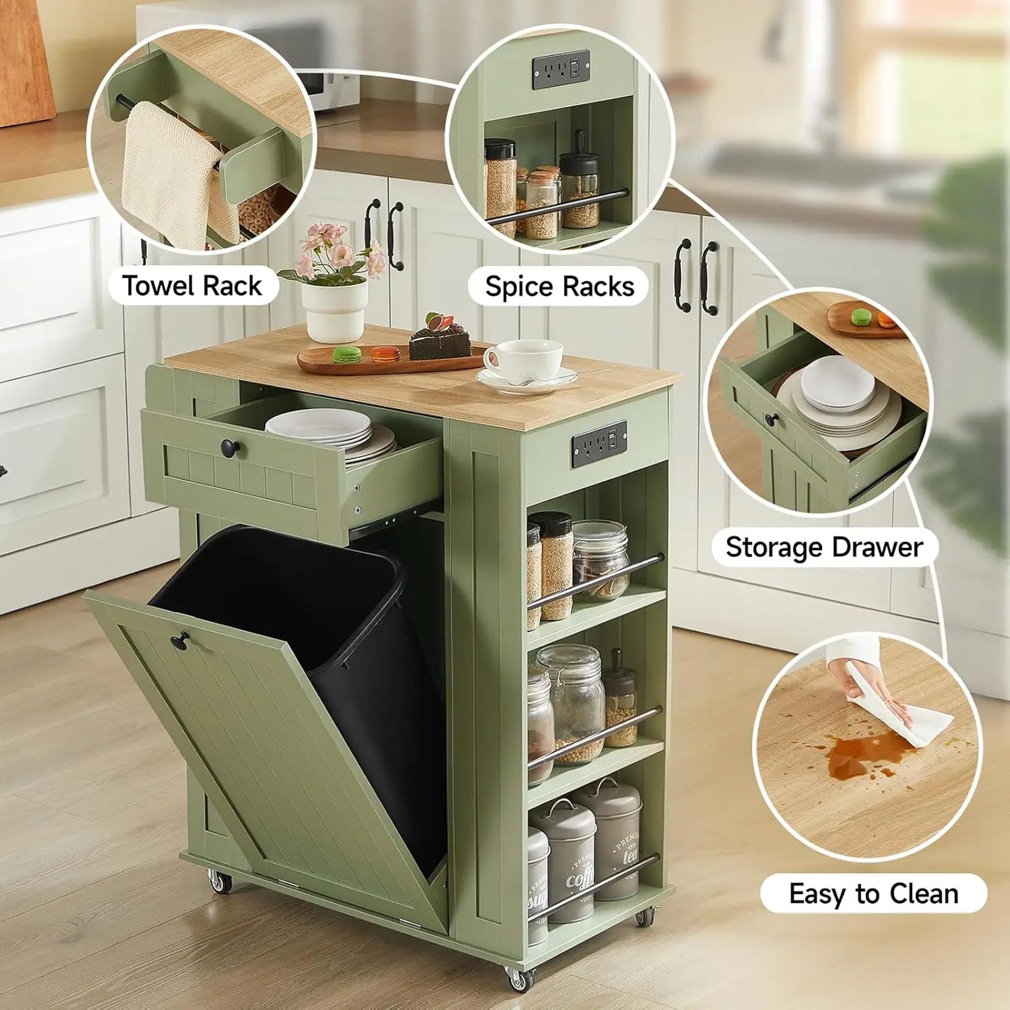 35" Kitchen Island with Trash Cabinet & Power Outlet, Rolling Cart with Drawer, 6-Tier Spice Rack, Portable Sideboard for Dining