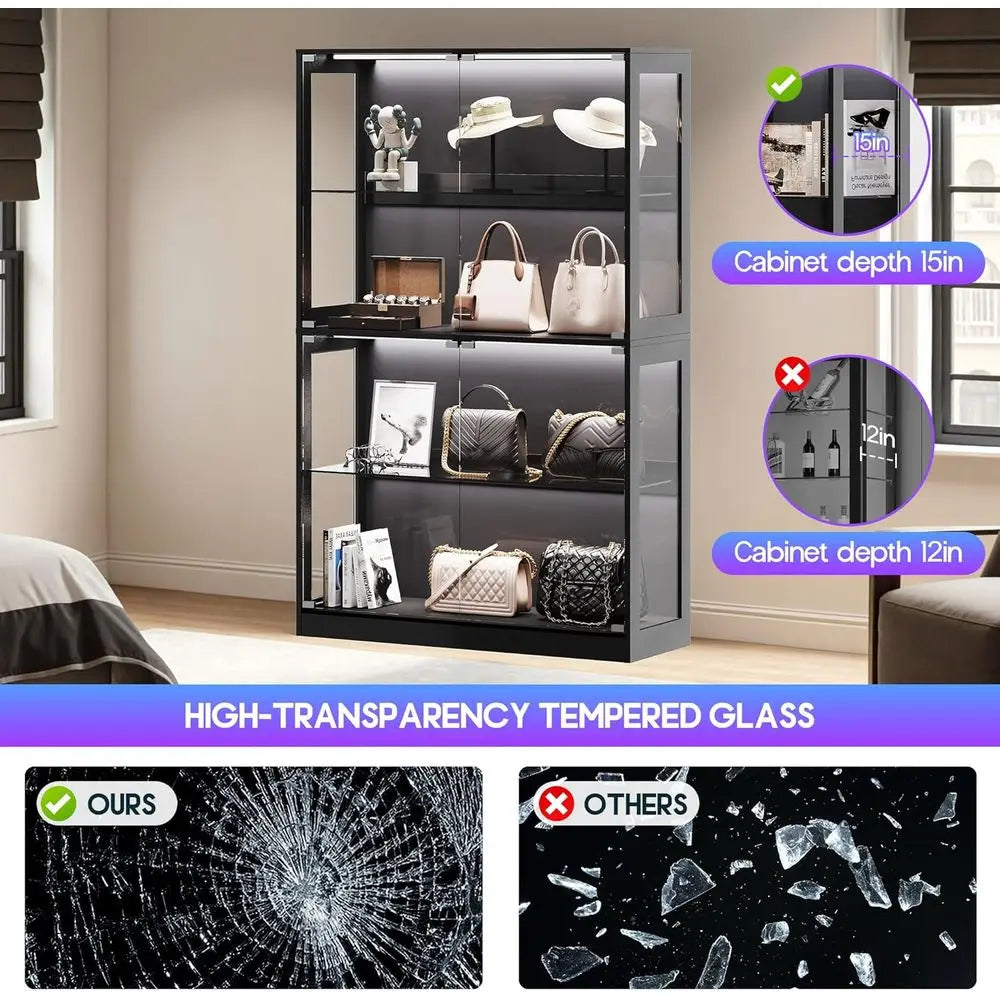4-Tier LED-Illuminated Glass Display Cabinet with Adjustable Shelves for Collectibles, Black, 70H x 45L x 16D