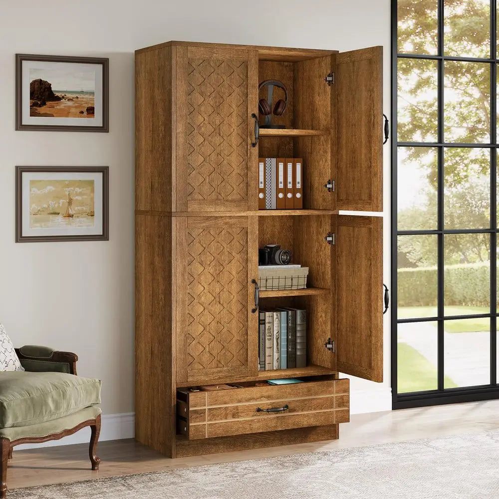 70 Inches Bookshelf and Bookcase with Door, Wooden Farmhosue Tall Storage Cabinet with Drawer, Retro Enclosed Library Book Shel