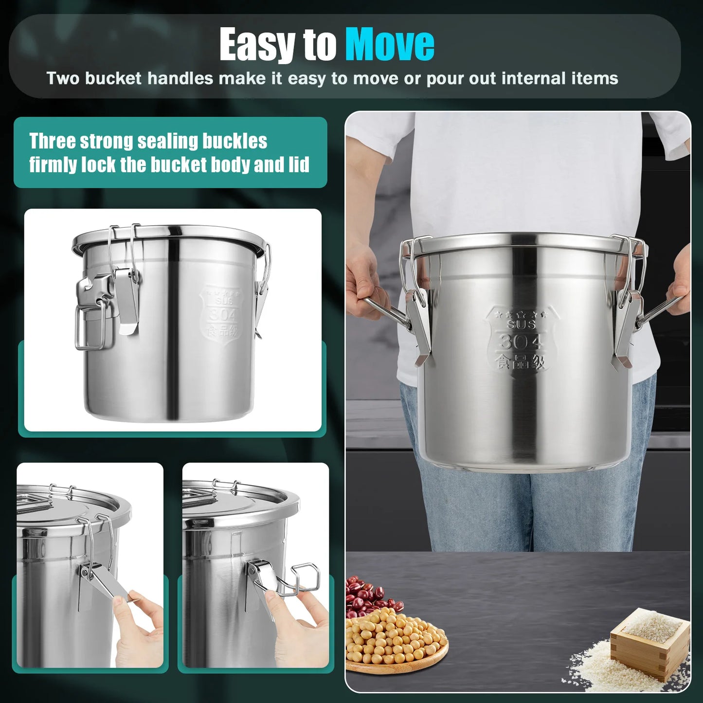 Bymaocar Stainless Steel Cereal Container Airtight Rice Oil Storage Bucket