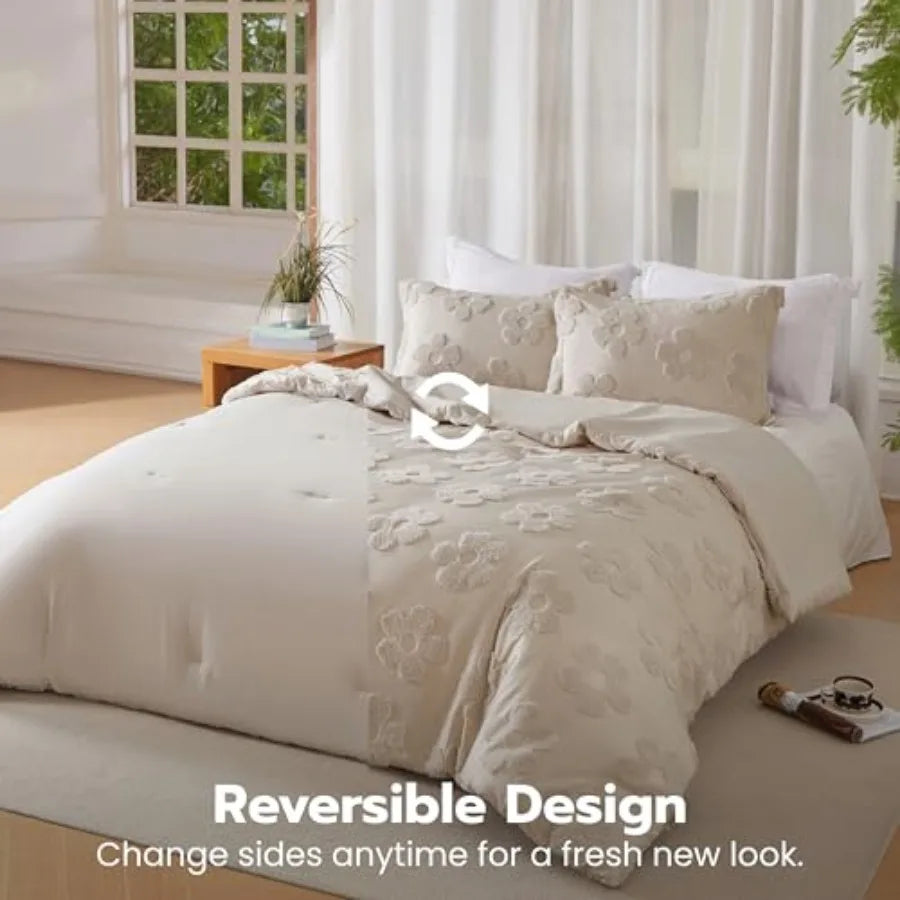 Tufted Comforter Set, 3 Pieces Beige Boho Bedding Set with 1 Boho Flower Comforter and 2 Pillow Shams, Bed in a Bag for All Sea