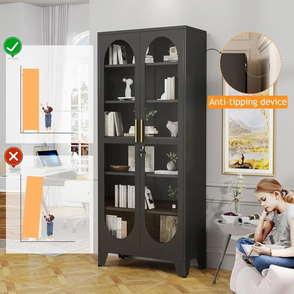 75 Tall Glass Door Metal Display Cabinet with 5 Adjustable Shelves for Living Room, Wine, Clinic, Home - Assembly Required
