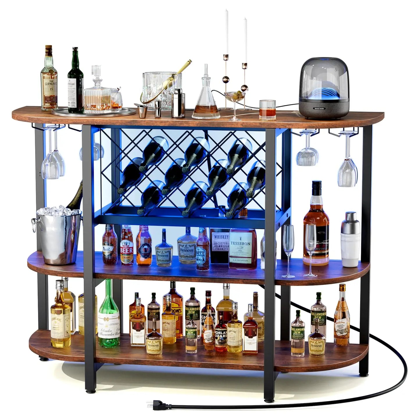 LED Home Bar Cabinet With Charging Station And Glassware Holder