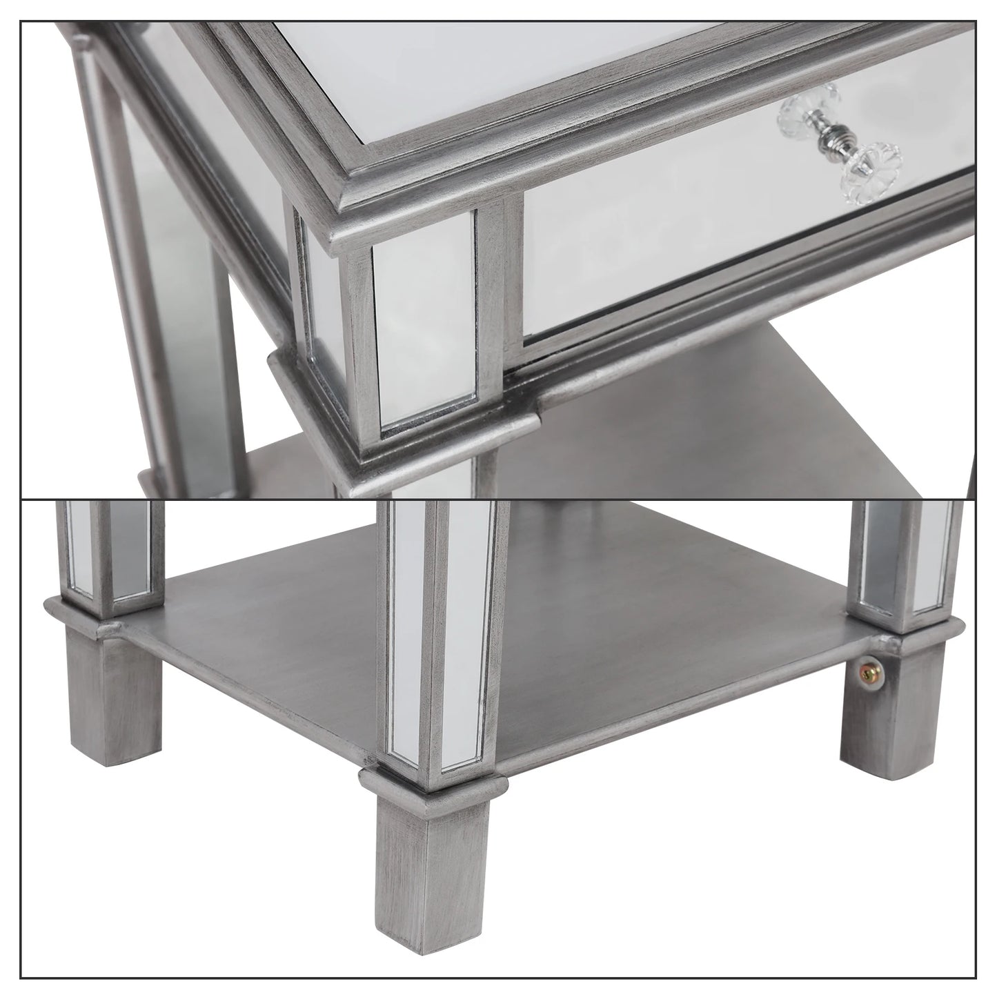 Modern Silver Mirrored Wood And Glass End Table With Drawer