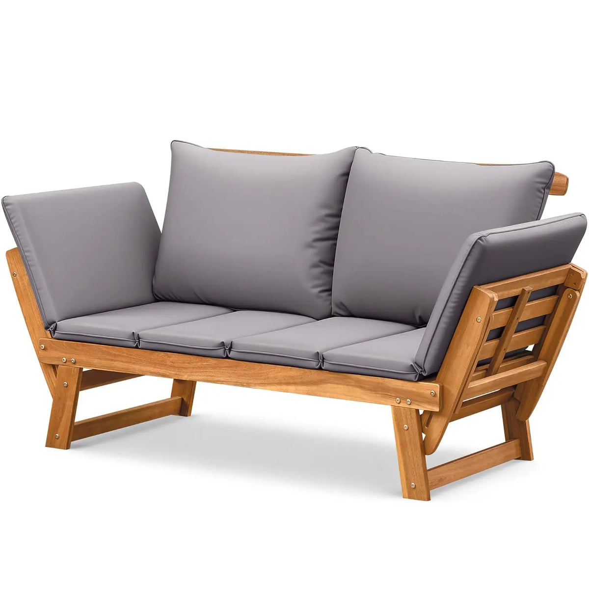Adjustable Armrest Acacia Wood Outdoor Loveseat Soft Cushion Convertible Balcony Porch Backyard Furniture White Customized