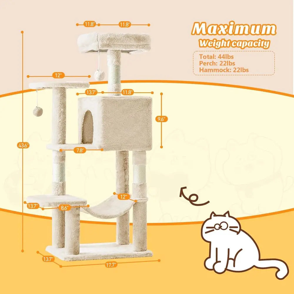 44 Inch Cat Tree Tower, Cat Climbing Tower with Natural Sisal Scratching Posts, Hammock, Pet Condo for Indoor Cats and Kittens P