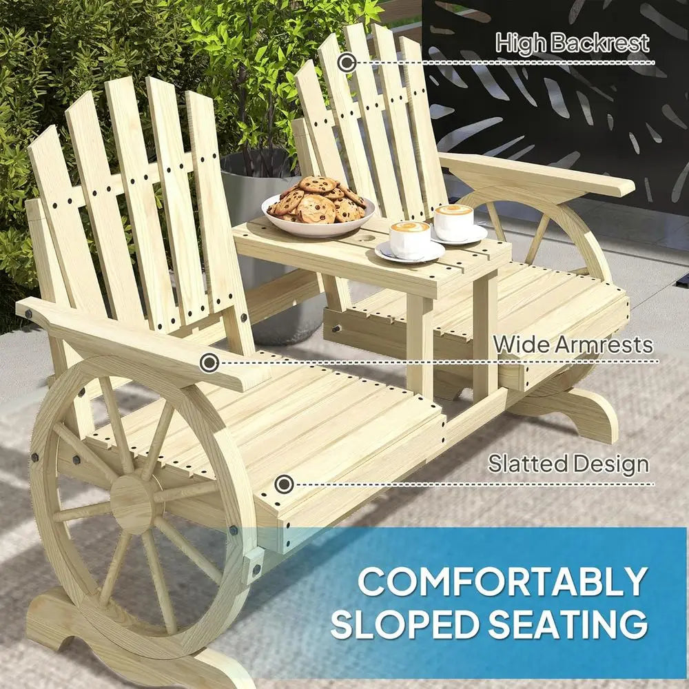 2-Seater Wooden Garden Bench with Table, Umbrella Hole, Wagon Wheel Design, Slatted Seat, High Backrest, Armrests