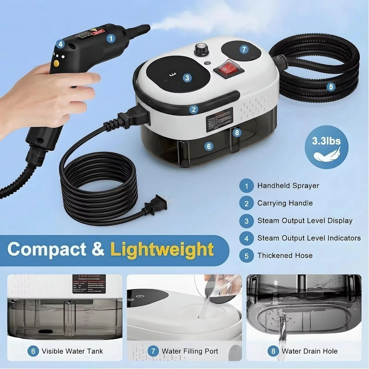 New Universal 2500W Handheld Steam Cleaner High Pressure Household Car Steam Cleaning Machine Portable Multi Purpose For Home Kitchen Bathroom Carpet Sofa Floor Window Tile Grime Removal Durable Easy Use With Nozzle Brush Sto