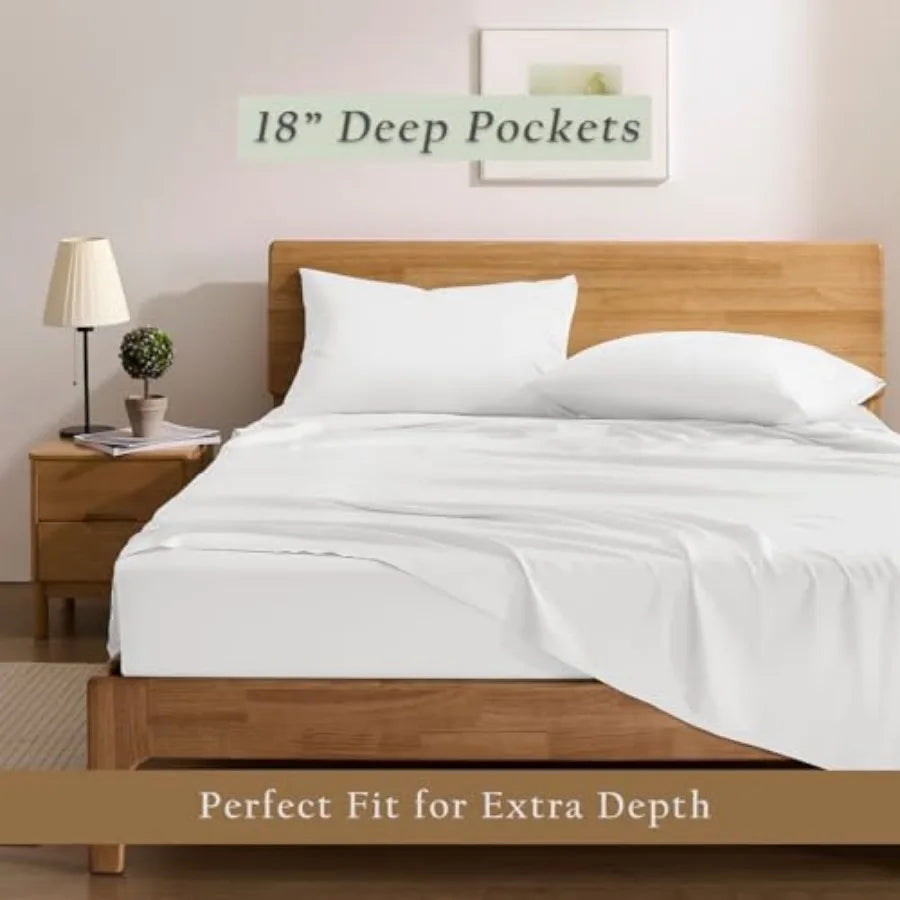 Luxury Cooling Sheet Set - 100% Viscose from Bamboo, 4-Piece Bedding Set Size - 18" Extra Deep Pockets, Oeko-Tex Certified, Sil