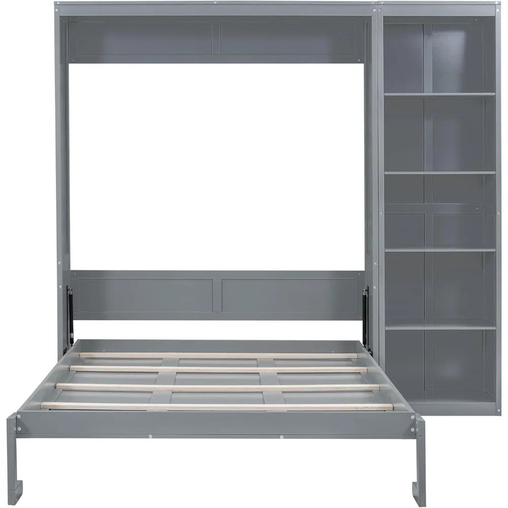 Queen Size Murphy Bed, Wooden Wall Bed with Shelves, Gray
