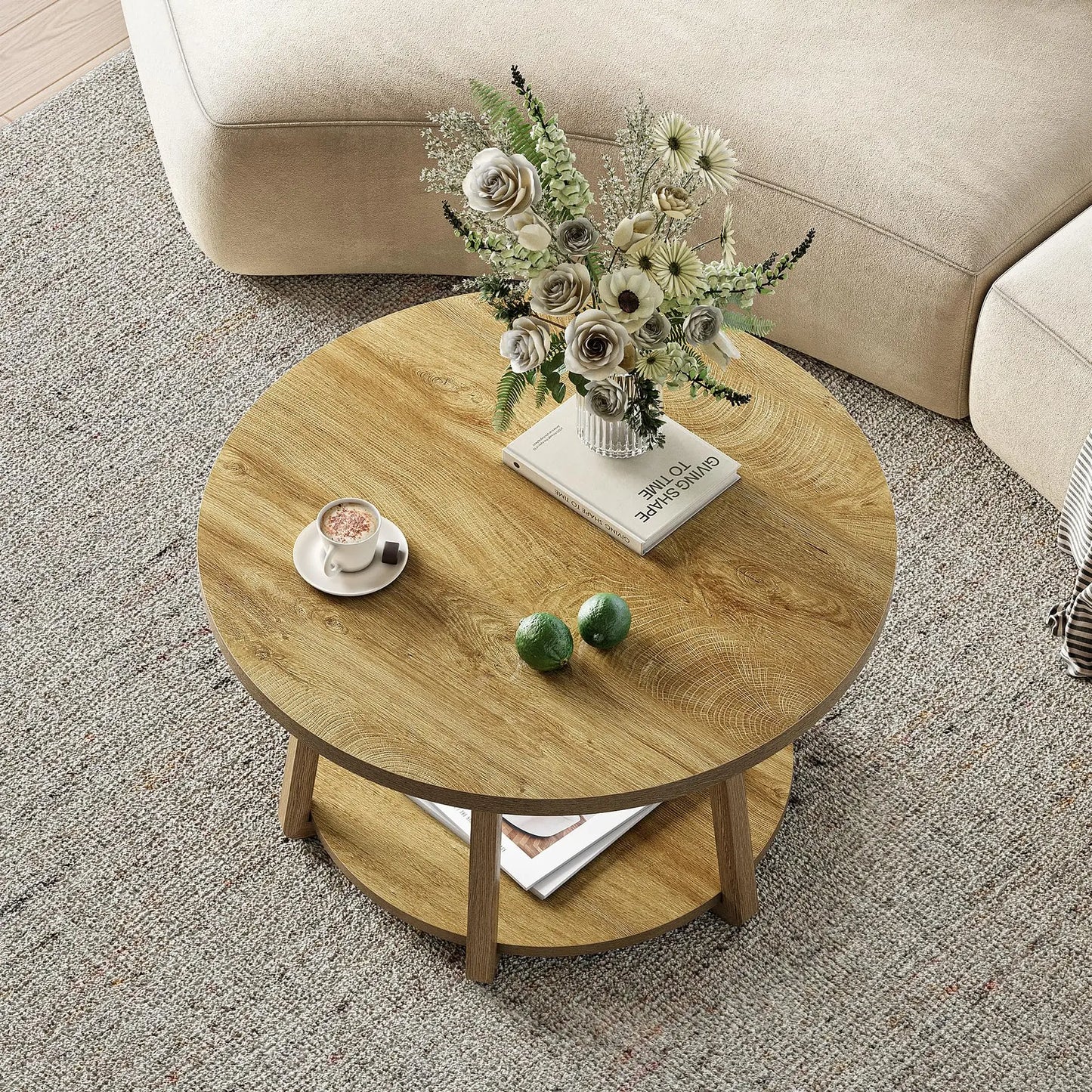 Tribesigns Round Coffee Table, 2-Tier Center Table with Storage, Wooden Legs, for Living Room, Bedroom, Easy Assembly