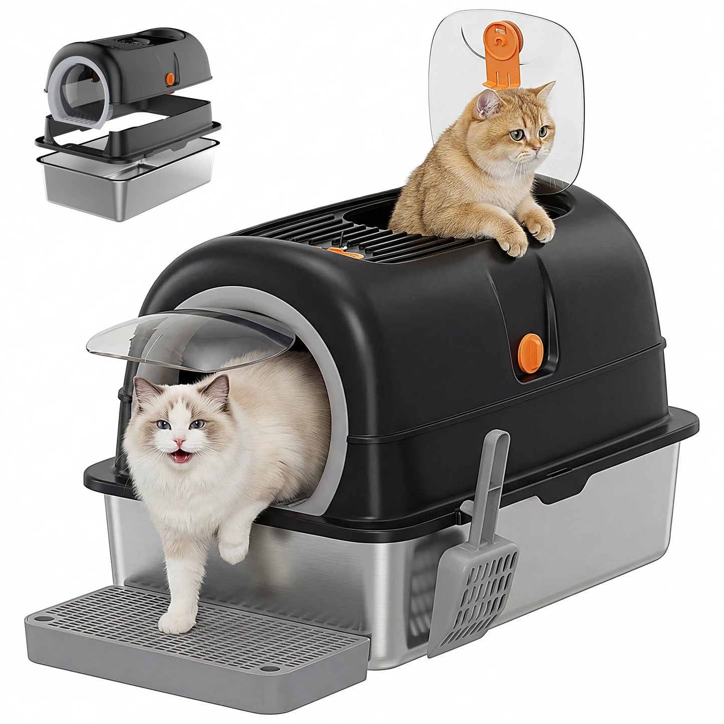Stainless Steel Fully Enclosed Cat Litter Box With Safe Entry