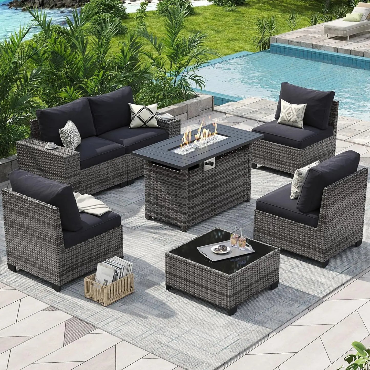 Outdoor Rattan Patio Sectional Set With Integrated Fire Pit Table
