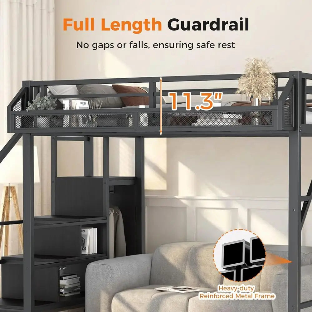 Space-Saving Bunk Bed with Storage Stairs, Wardrobe, and Metal Guardrail for Kids and Teens in Black