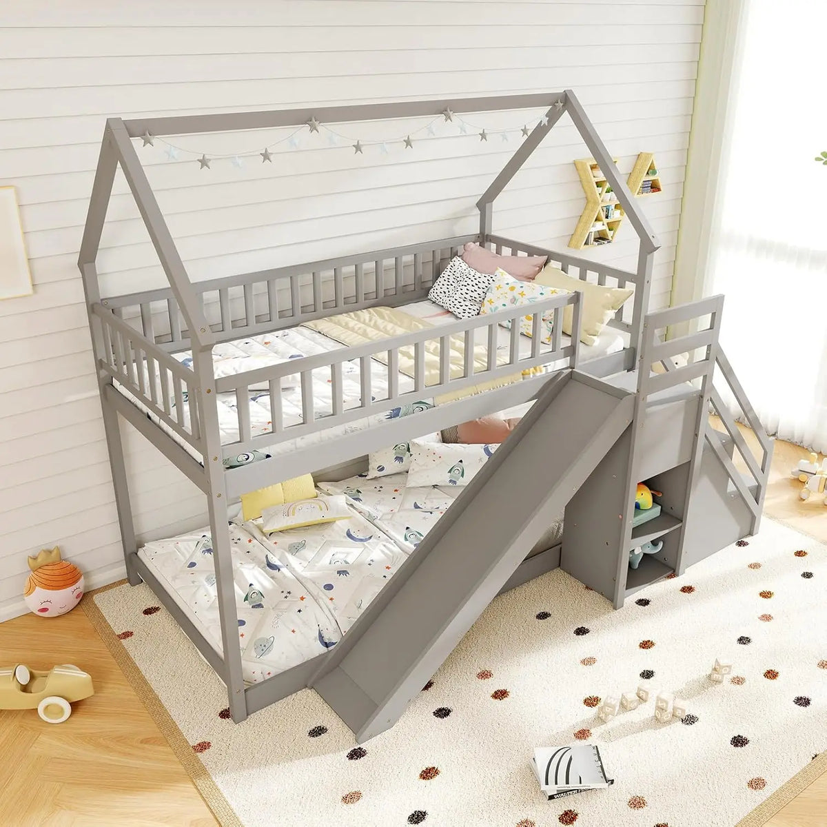 Twin Over Twin Bunk Bed with Slide Stairs Storage Shelves Wood Floor Bed for Kids Teens No Box Spring White, Customized