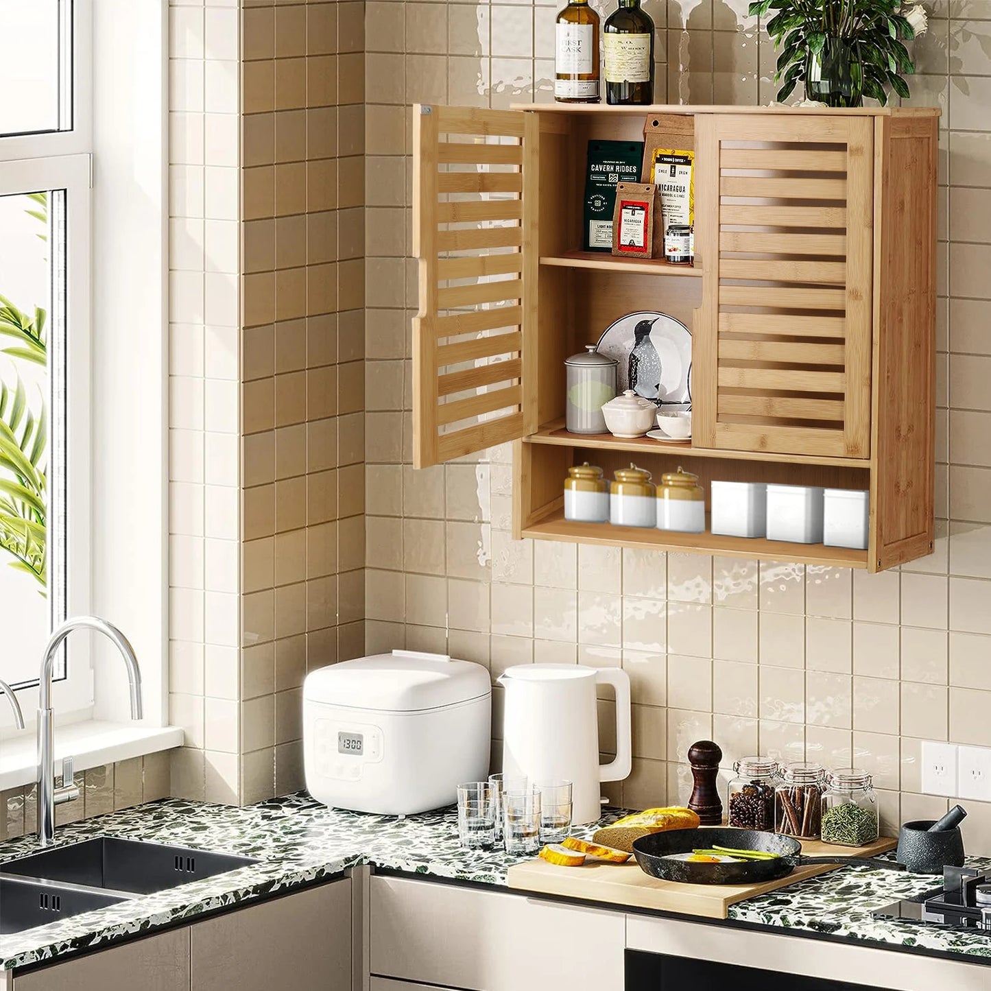 Wisfor Wall Mounted Bamboo Bathroom Cabinet Medicine Storage Shelf