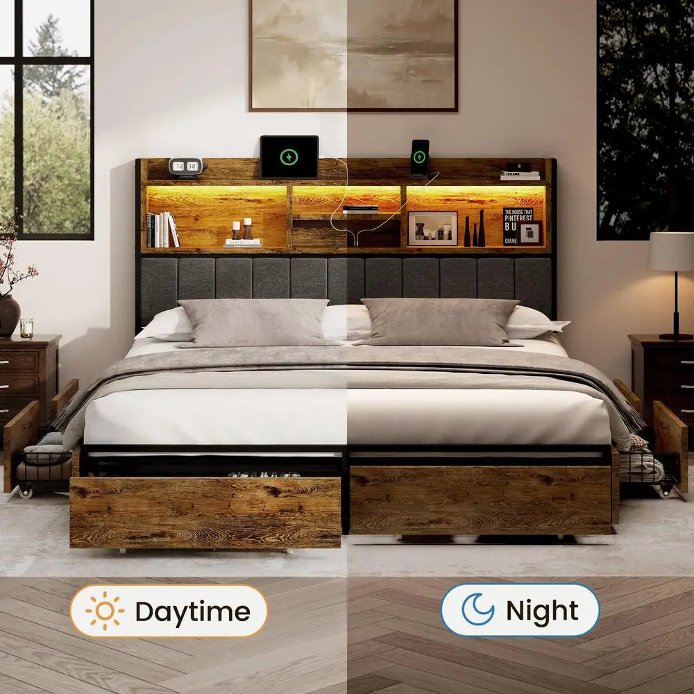 King Bed Frame with 6 Storage Drawers, Linen Upholstered Headboard, Builtin USB Charging Station amp LED Lighting, Silent Metal