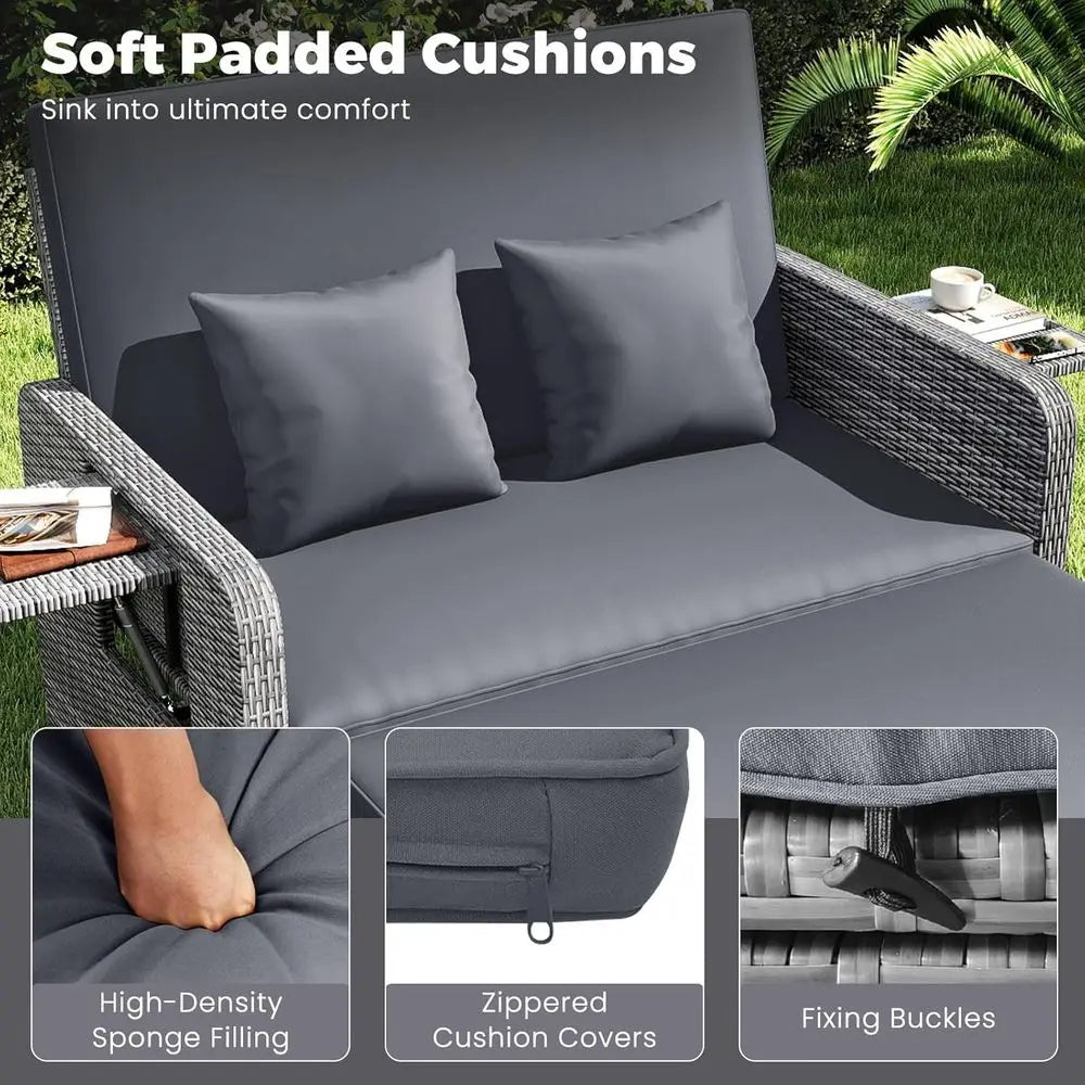 Outdoor Rattan Daybed Set with Loveseat, Storage Ottoman, and Adjustable Backrest for Patio, Deck, or Poolside in Mixed Grey
