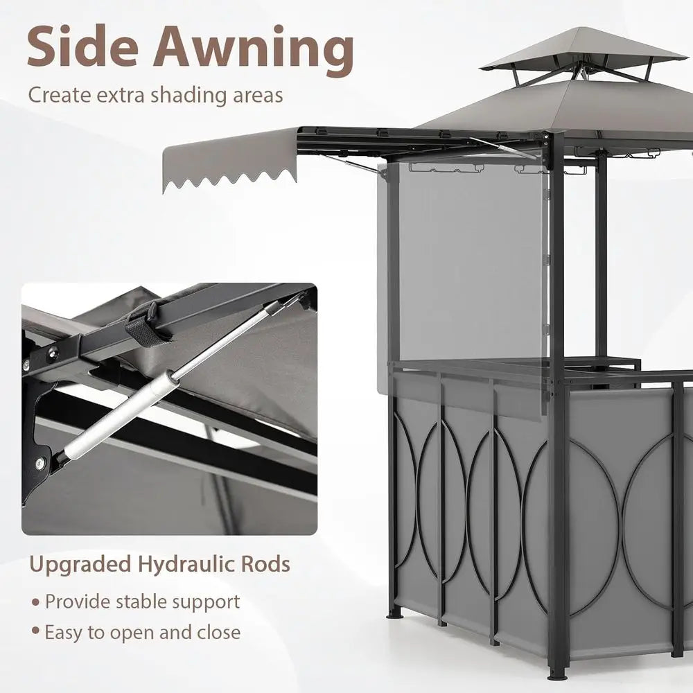 3 Piece Patio Bar Set, Grill Gazebo & 2 oldable Bar Stools with Awning, Metal Storage Shelves, Glass Holders, Double-Tier Outdoo