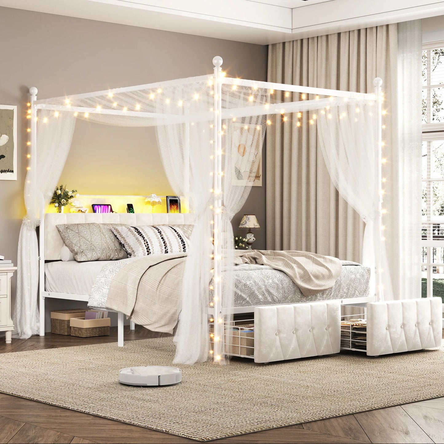 EnHomee Canopy Bed Frame With Charging Station And LED Lights