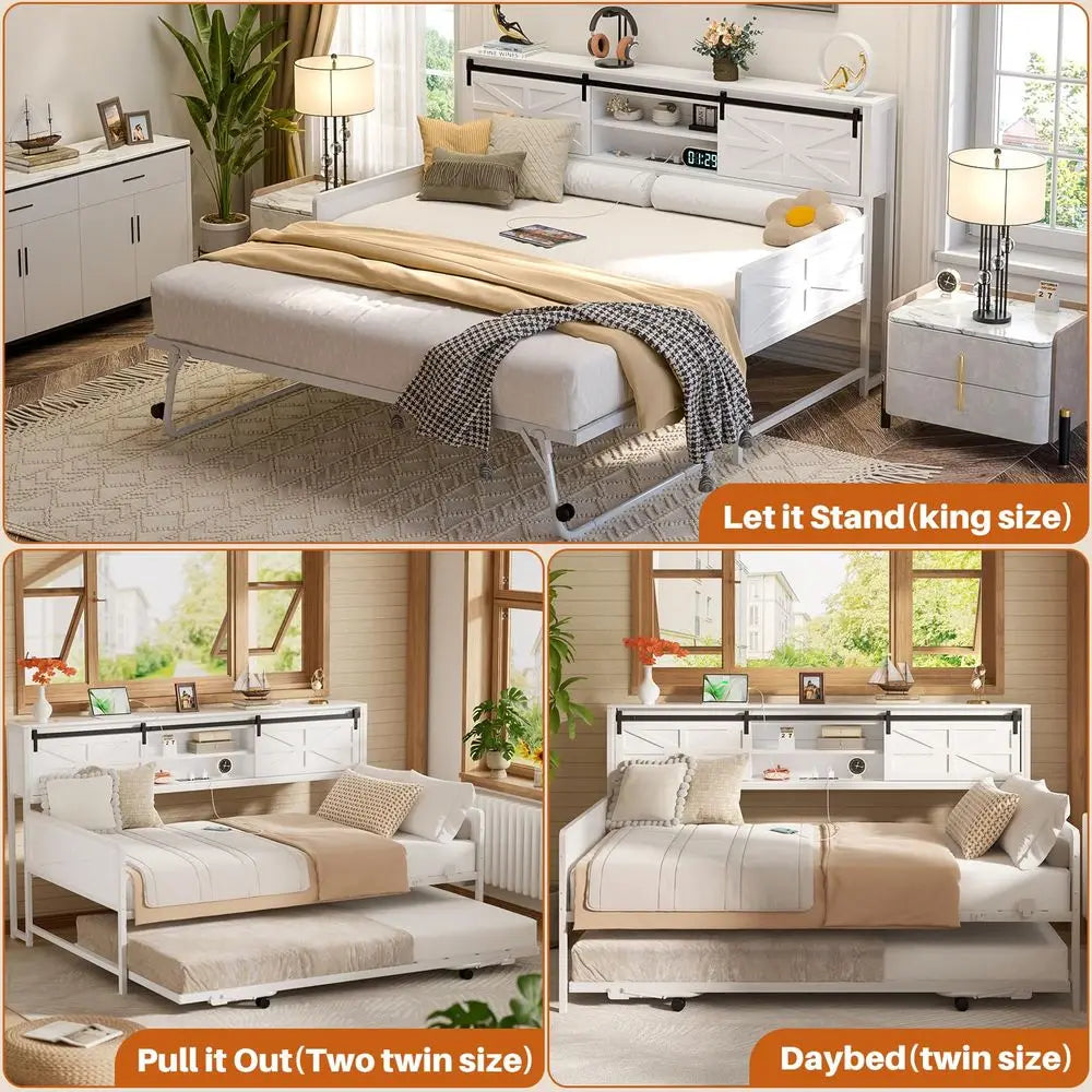 Farmhouse Twin Daybed with PopUp Trundle, Metal Trundle Bed Frame with Bookcase Headboard, Charging Station amp Barn Door Stora