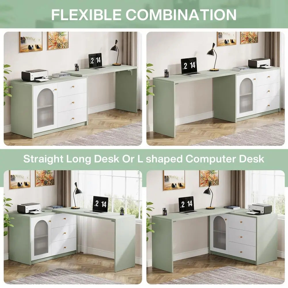 LShaped Computer Desk with Drawers, Modern Corner Home Office Desk with Reversible Storage Cabinet, Long Study Writing Desk Wor